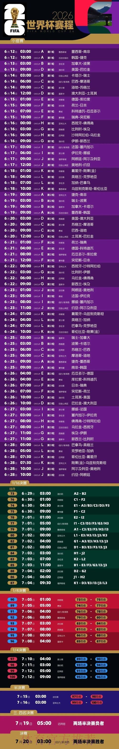 2026世界杯比赛时间今日比赛时间表免费观看